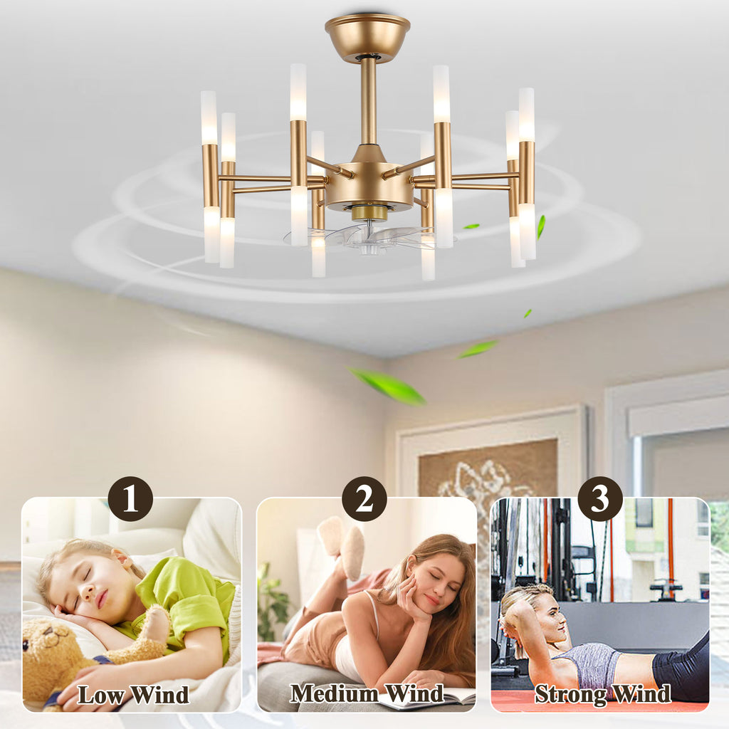 23 Inch Gold Modern Bladeless Ceiling Fan with Dimmable Lights and Remote Control, 6 Speeds DC Motor Fandelier Ceiling Fan for Bedroom