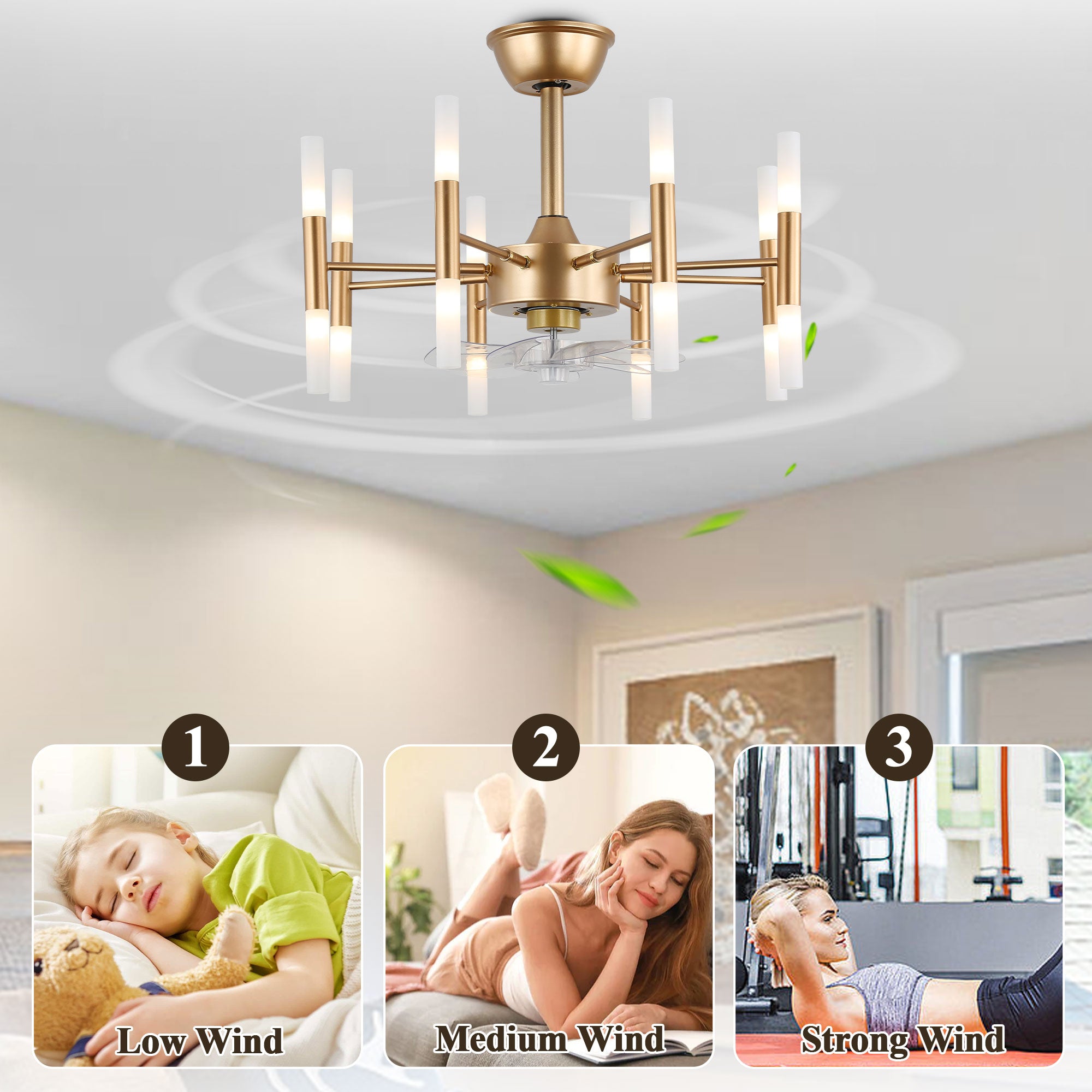 23 Inch Gold Modern Bladeless Ceiling Fan with Dimmable Lights and Remote Control, 6 Speeds DC Motor Fandelier Ceiling Fan for Bedroom