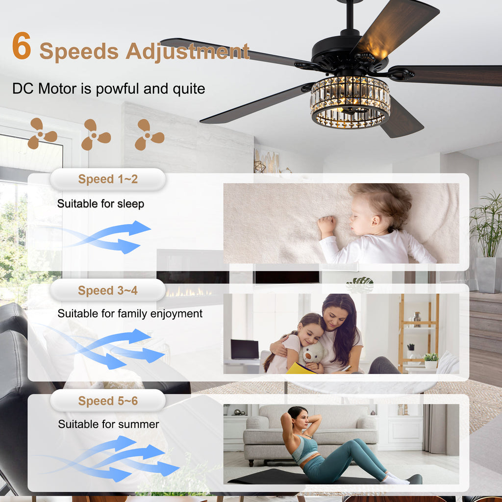 Luxury 60 Inch Crystal Caged Ceiling Fan with Light Reversible Quiet DC Motor and Remote Control Ceiling Fan Wood Blades Ceiling Fan Suit for Bedroom, Living Room, Kitchen