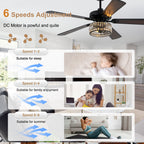 Luxury 60 Inch Crystal Caged Ceiling Fan with Light Reversible Quiet DC Motor and Remote Control Ceiling Fan Wood Blades Ceiling Fan Suit for Bedroom, Living Room, Kitchen