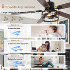 52 Inch Industrial Farmhouse Ceiling Fan with Lights and Remote Control, 6 Speeds Reversible Caged Ceiling Fan for Living Room
