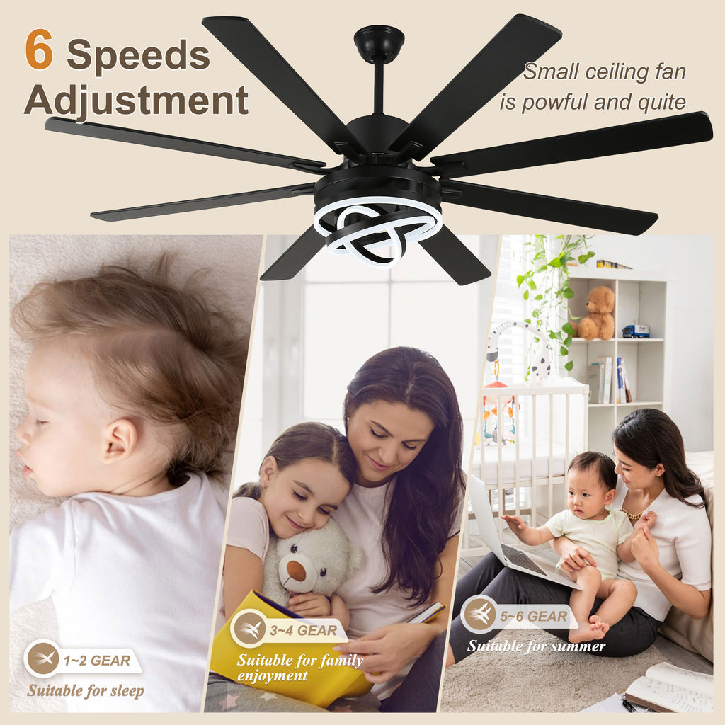 72 Inch Black/Gold/Chrome 8-Blade Modern Extra Large Ceiling Fan with LED Light and Remote, 6 Speeds DC Motor Reversible Ceiling Fan DIY Shade