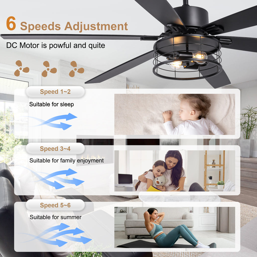 65 Inch Black Modern Industrial Ceiling Fan with Lights and Remote Control,6 Speeds Reversible Ceiling Fan for Large Rooms