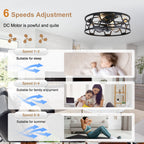 Industrial 20 Inch Caged Flush Mount Ceiling Fan with Light Quiet Reversible DC Motor with Remote Control Small Ceiling Fan Modern 7 Blades Ceiling Fan with Light Suit for Bedroom，Kitchen