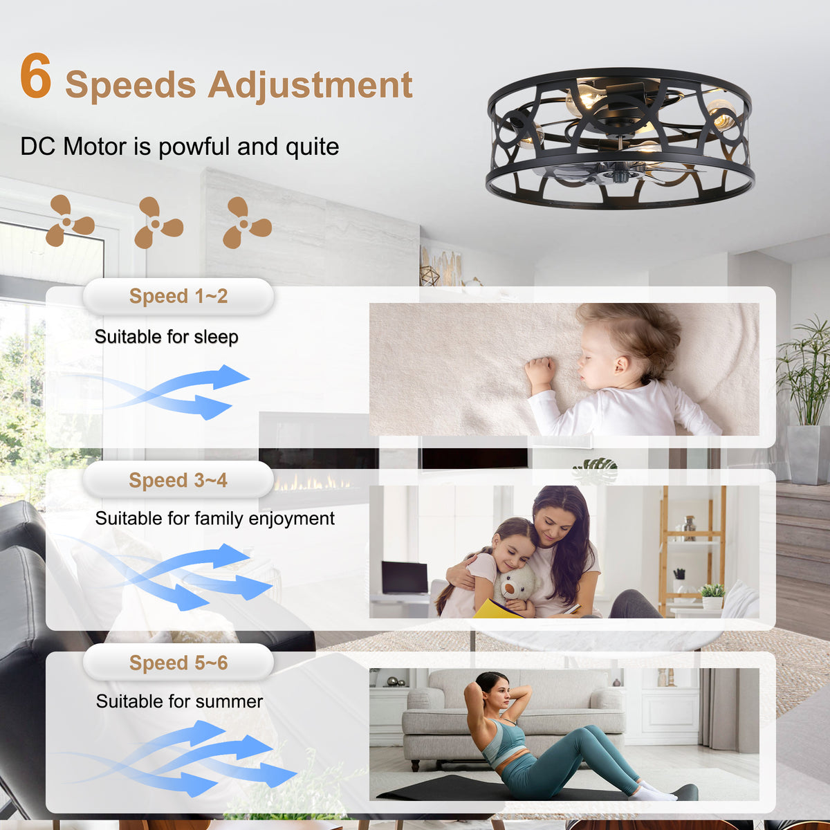 Industrial 20 Inch Caged Flush Mount Ceiling Fan with Light Quiet Reversible DC Motor with Remote Control Small Ceiling Fan Modern 7 Blades Ceiling Fan with Light Suit for Bedroom，Kitchen