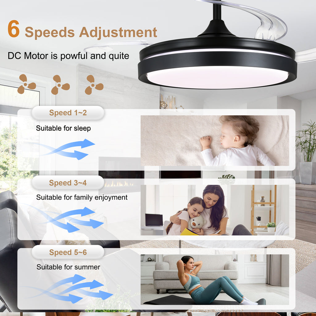 42 Inch Black/Gold/White Modern Retractable Ceiling Fan with LED Light and Remote, 6 Speeds DC Motor Bladeless Ceiling Fan for Bedroom