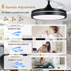 42 Inch Black/Gold/White Modern Retractable Ceiling Fan with LED Light and Remote, 6 Speeds DC Motor Bladeless Ceiling Fan for Bedroom
