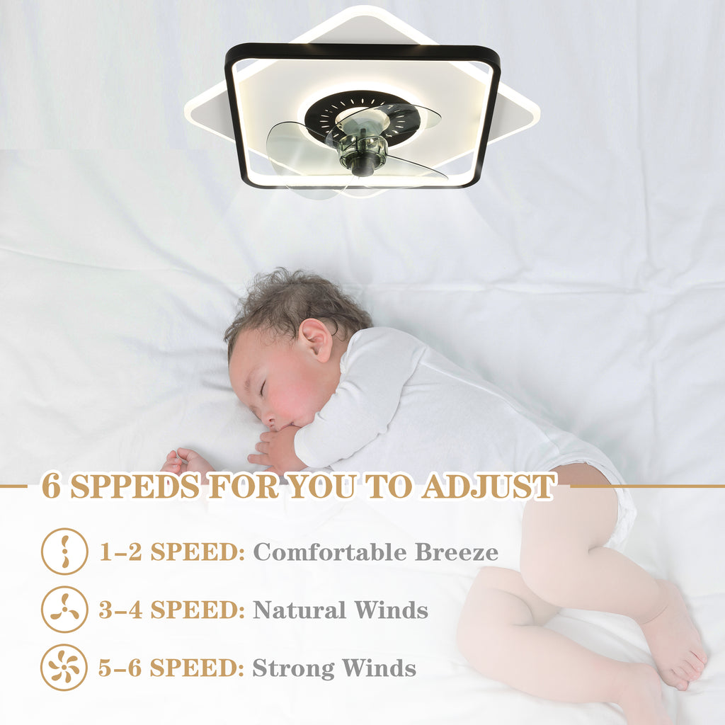 19 Inch Square Modern Smart Low Profile Ceiling Fan with LED Light, 6 Speeds DC Motor Flush Mount Ceiling Fan for Bedroom