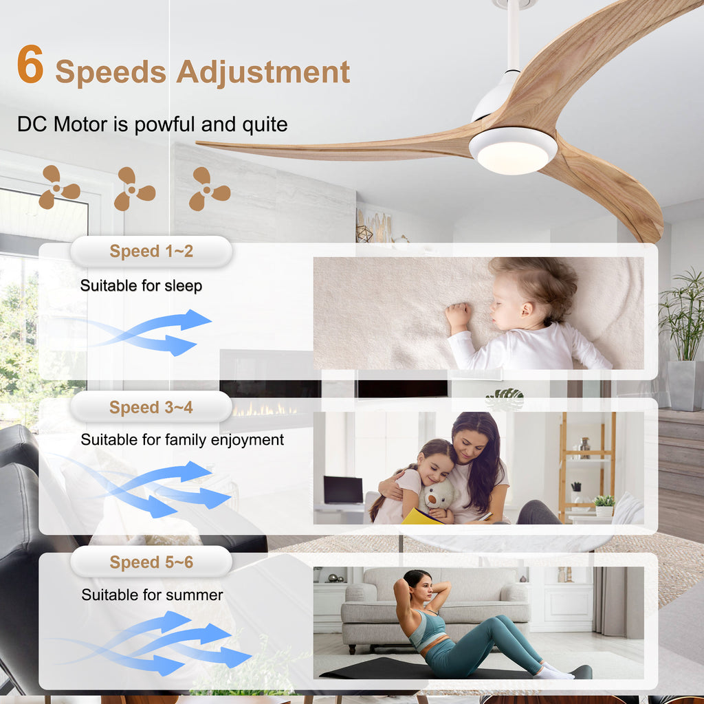 52 Inch Modern Farmhouse Matte White Solid Wood Blade Ceiling Fan with Lights & Remote Control, 6 Speed DC Motor Reversible Ceiling Fan