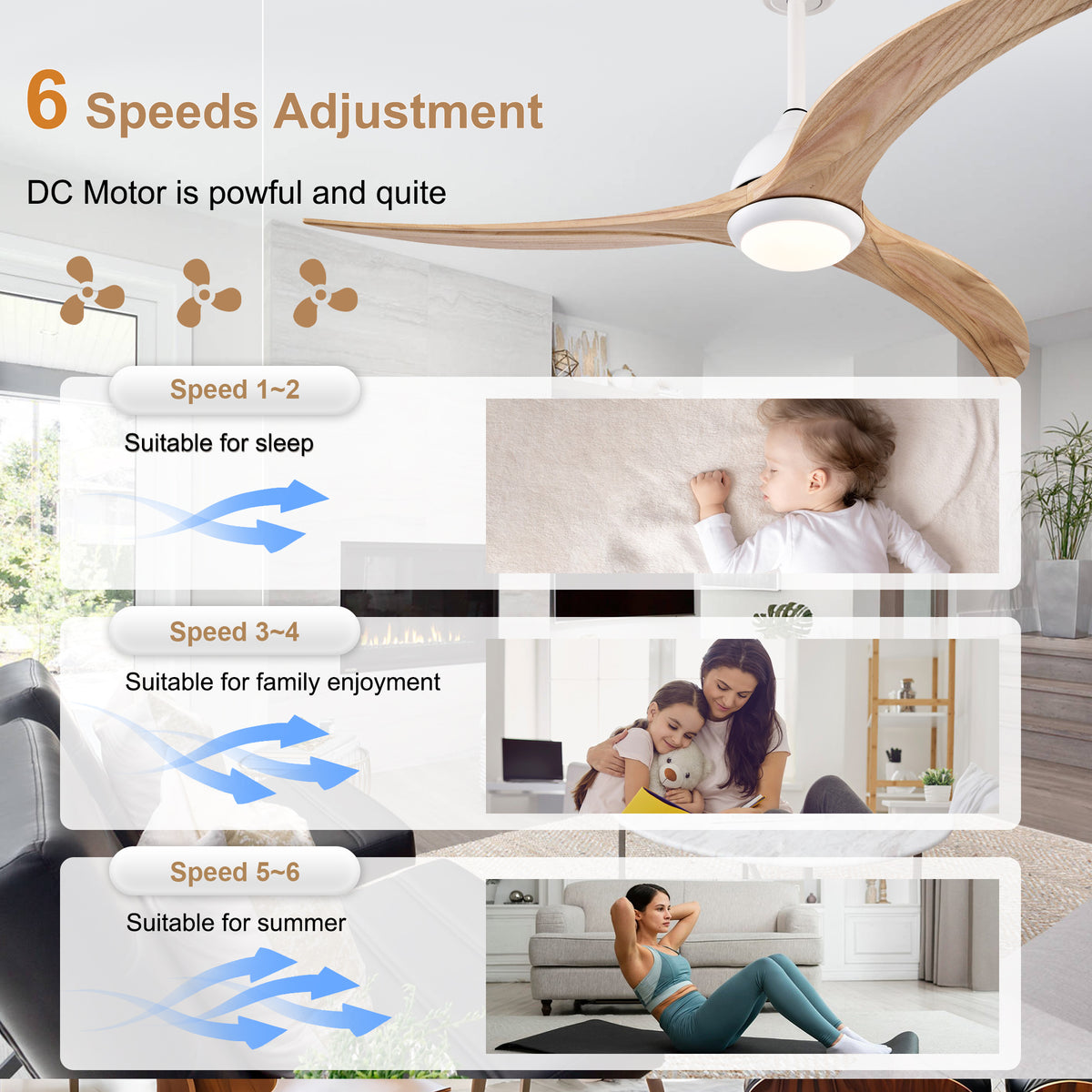 52 Inch Modern Farmhouse Matte White Solid Wood Blade Ceiling Fan with Lights & Remote Control, 6 Speed DC Motor Reversible Ceiling Fan