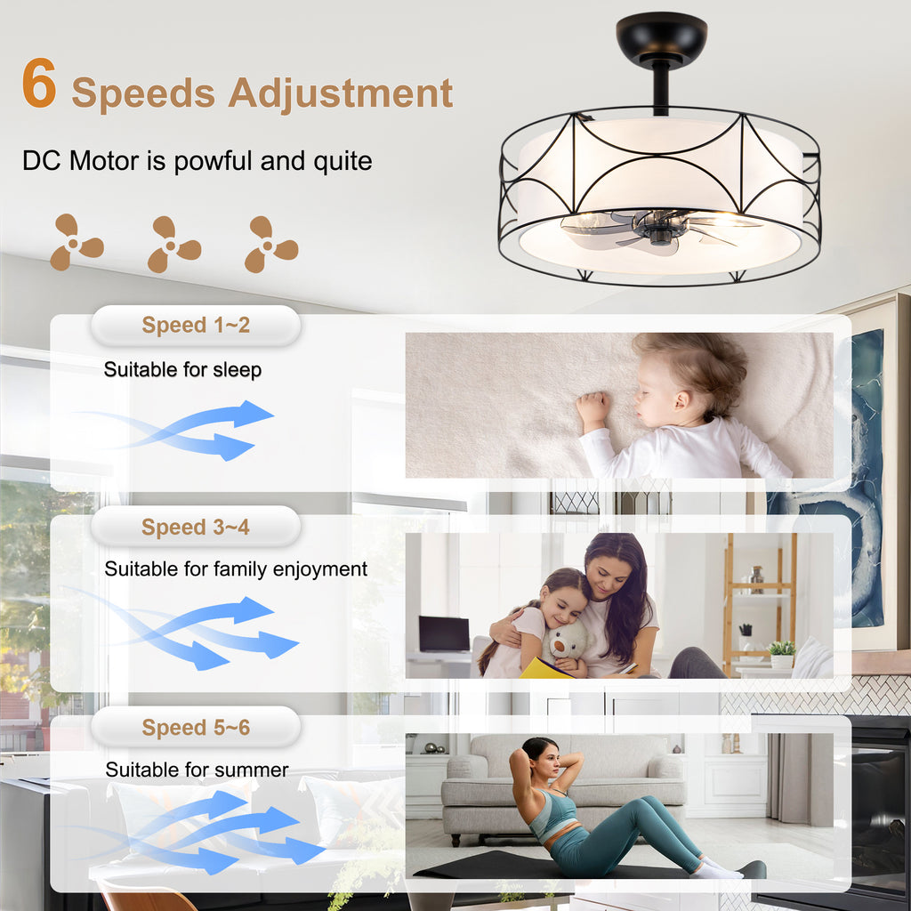 Bohemia Style 20 Inch Caged Retractable Ceiling Fan with Light Quiet Reversible DC Motor 6 Speed Timer Remote Control Ceiling Fan Adjustable Down Rods Ceiling Fan Suit for Kitchen, Bedroom,Living Room