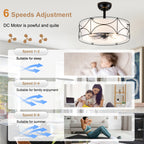 Bohemia Style 20 Inch Caged Retractable Ceiling Fan with Light Quiet Reversible DC Motor 6 Speed Timer Remote Control Ceiling Fan Adjustable Down Rods Ceiling Fan Suit for Kitchen, Bedroom,Living Room