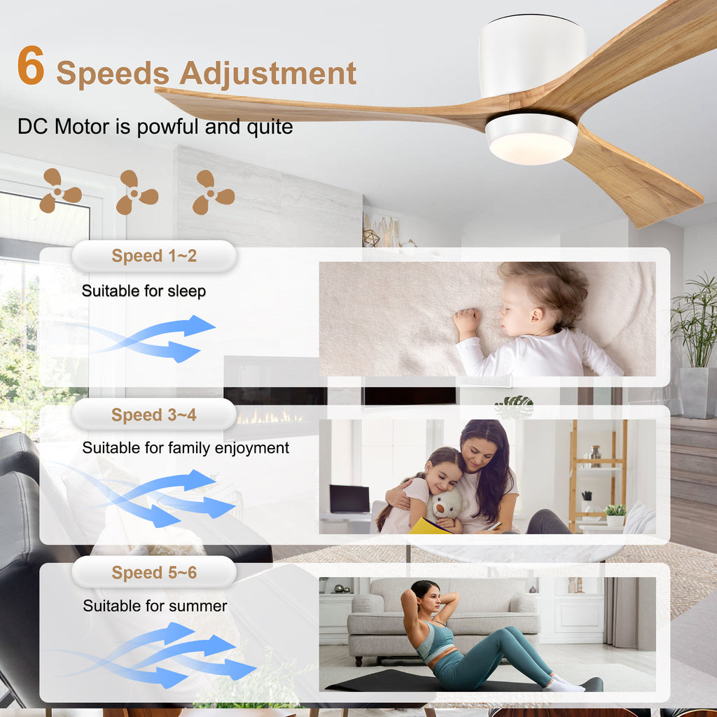 52 Inch Farmhouse Matte White Natural Wood Flush Mount Ceiling Fan with Lights & Remote Control, 6 Speed DC Motor Reversible Ceiling Fan