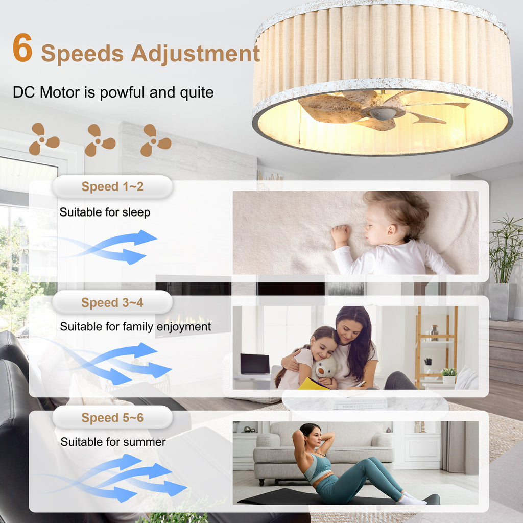20 Inch Vintage Drum Cage Ceiling Fan with Light and Remote, 6-Speed DC Motor Distressed White Bladeless Ceiling Fan for Bedroom