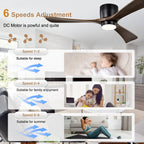 52 Inch Modern Farmhouse Matte Black Flush Mount eiling Fan with Lights & Remote Control, 6 Speed DC Motor Reversible Ceiling Fan