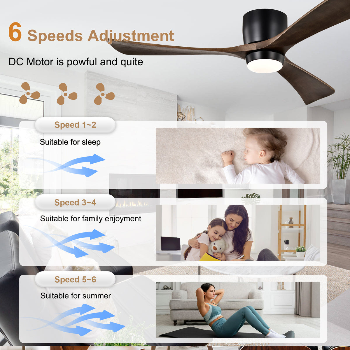 52 Inch Modern Farmhouse Matte Black Flush Mount eiling Fan with Lights & Remote Control, 6 Speed DC Motor Reversible Ceiling Fan