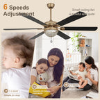 65 Inch Black/Chrome Modern Glam Crystal Ceiling Fan with Dimmable LED Light and Remote, 6 Speeds DC Motor Ceiling Fan with Crystals