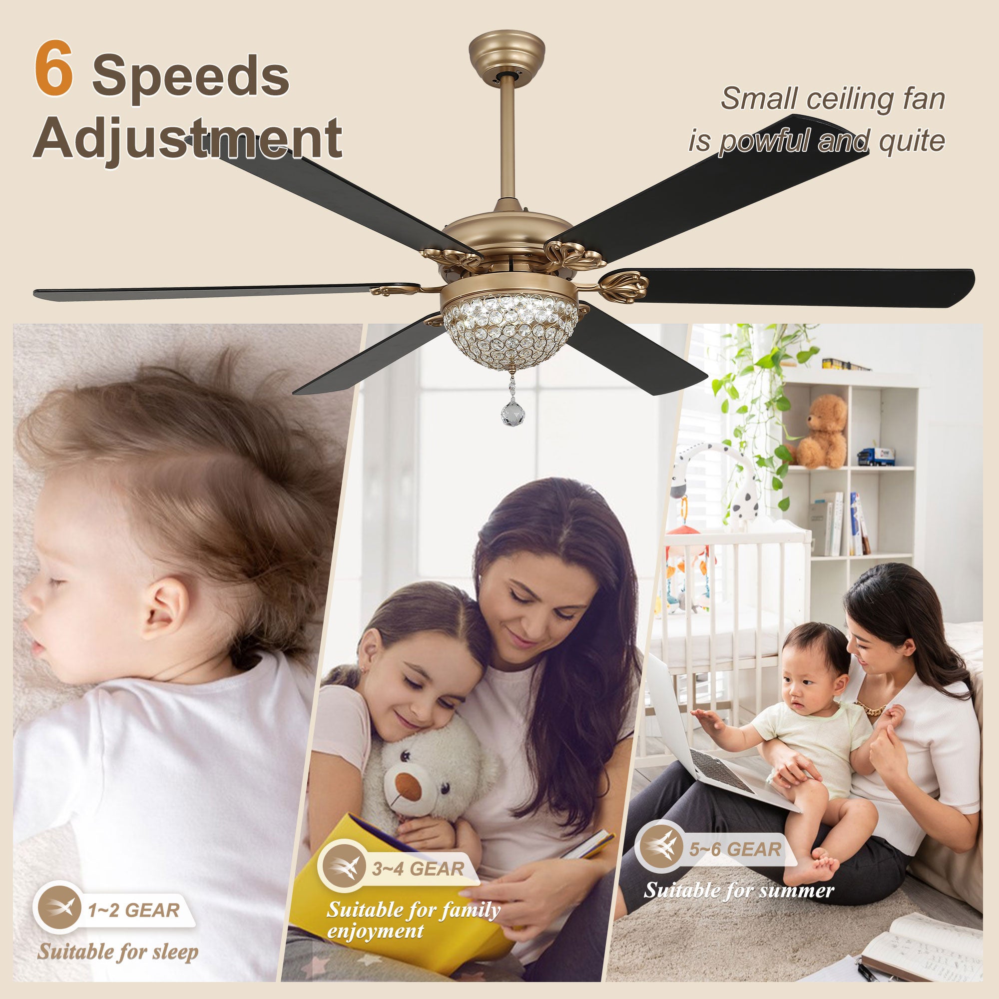 65 Inch Black/Chrome Modern Glam Crystal Ceiling Fan with Dimmable LED Light and Remote, 6 Speeds DC Motor Ceiling Fan with Crystals