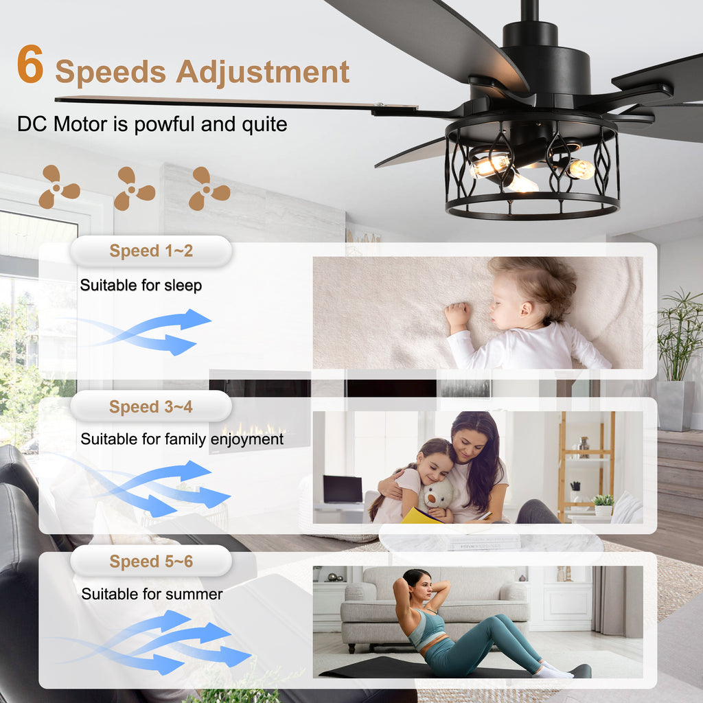 52 Inch Black Modern Ceiling Fan with Lights and Remote Control, 6 Speeds DC Motor Reversible Ceiling Fan for Living Room