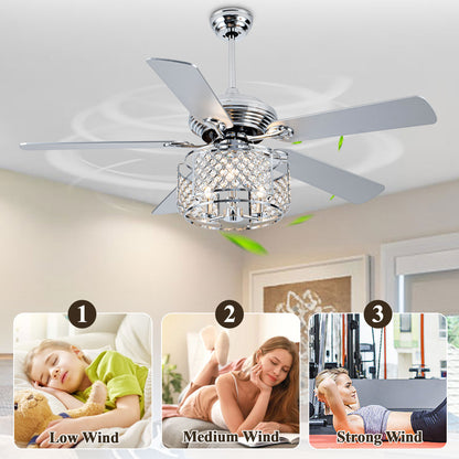 BD2070-52 inch Silver Caged Reversible Crystal Ceiling Fan with Remote and Lights DC Motor 6 Speeds