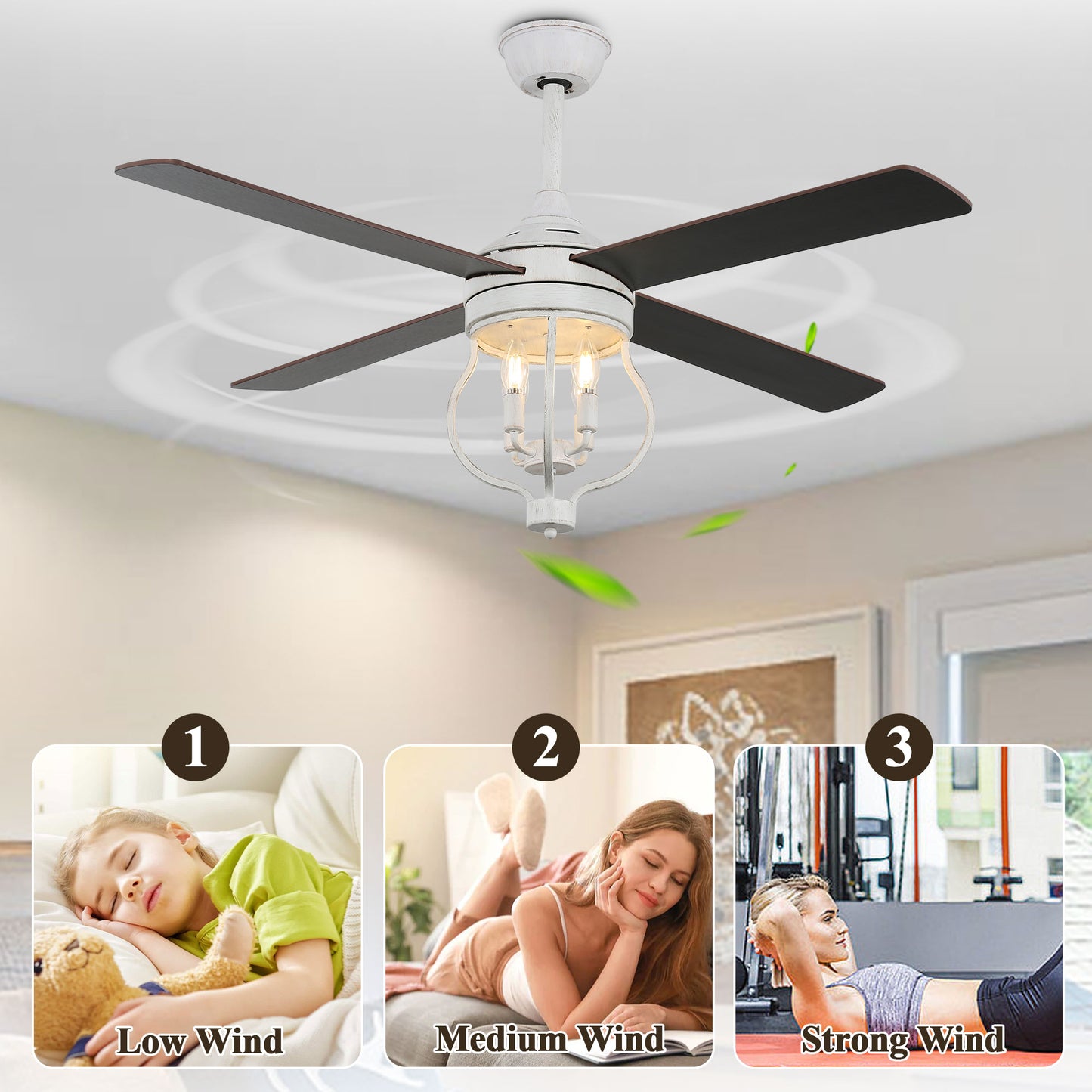 DC5211-52" Large Size Classic Reversible White Ceiling Fan DC Motor 6-Speeds with Remote and Lights