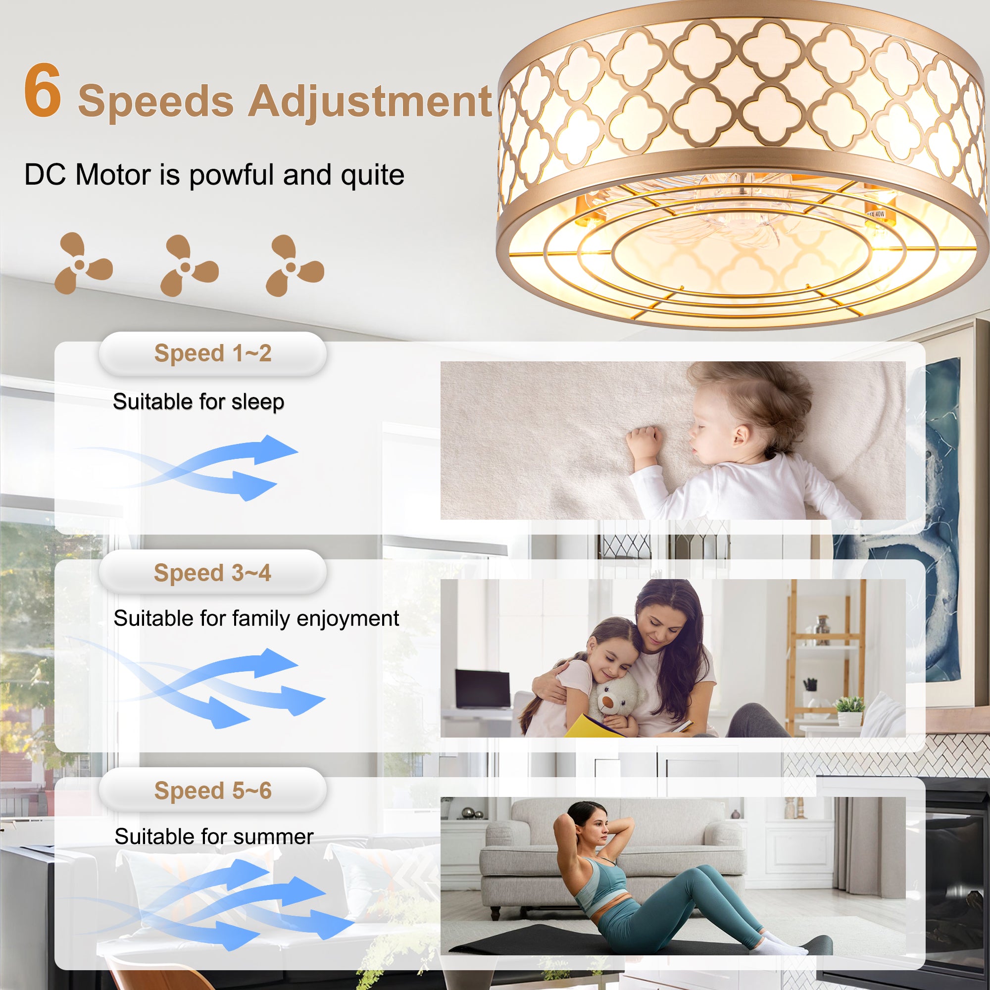 18 Inch Gold Drum Caged Ceiling Fan with Lights and Remote, 6 Speeds DC Motor Reversible Bladeless Fandelier Ceiling Fan