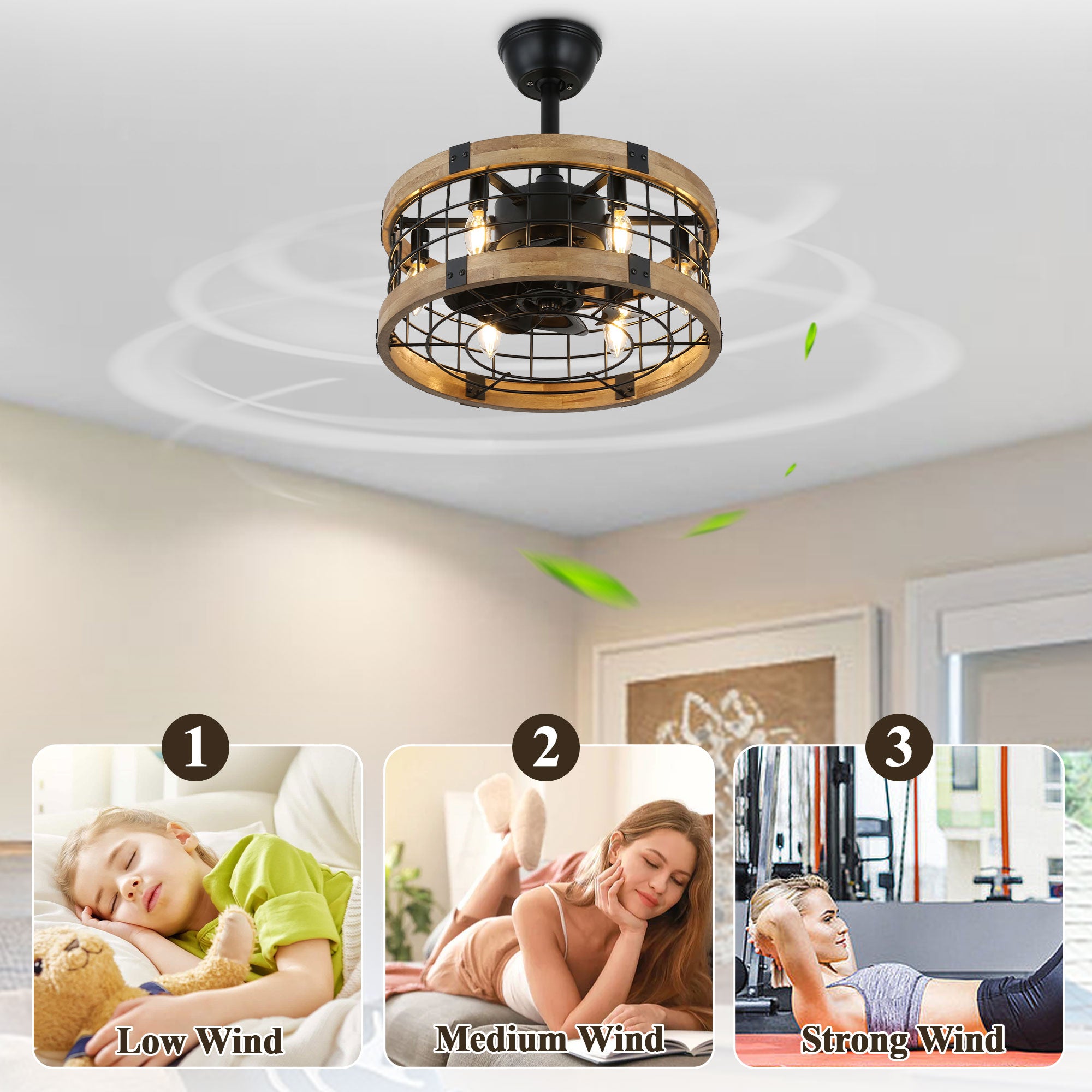 BD1812-BellaDepot 17.7" Cottage Metal Caged Reversible Ceiling Fan with Remote and 6 Lights, Wooden Ceiling Fan