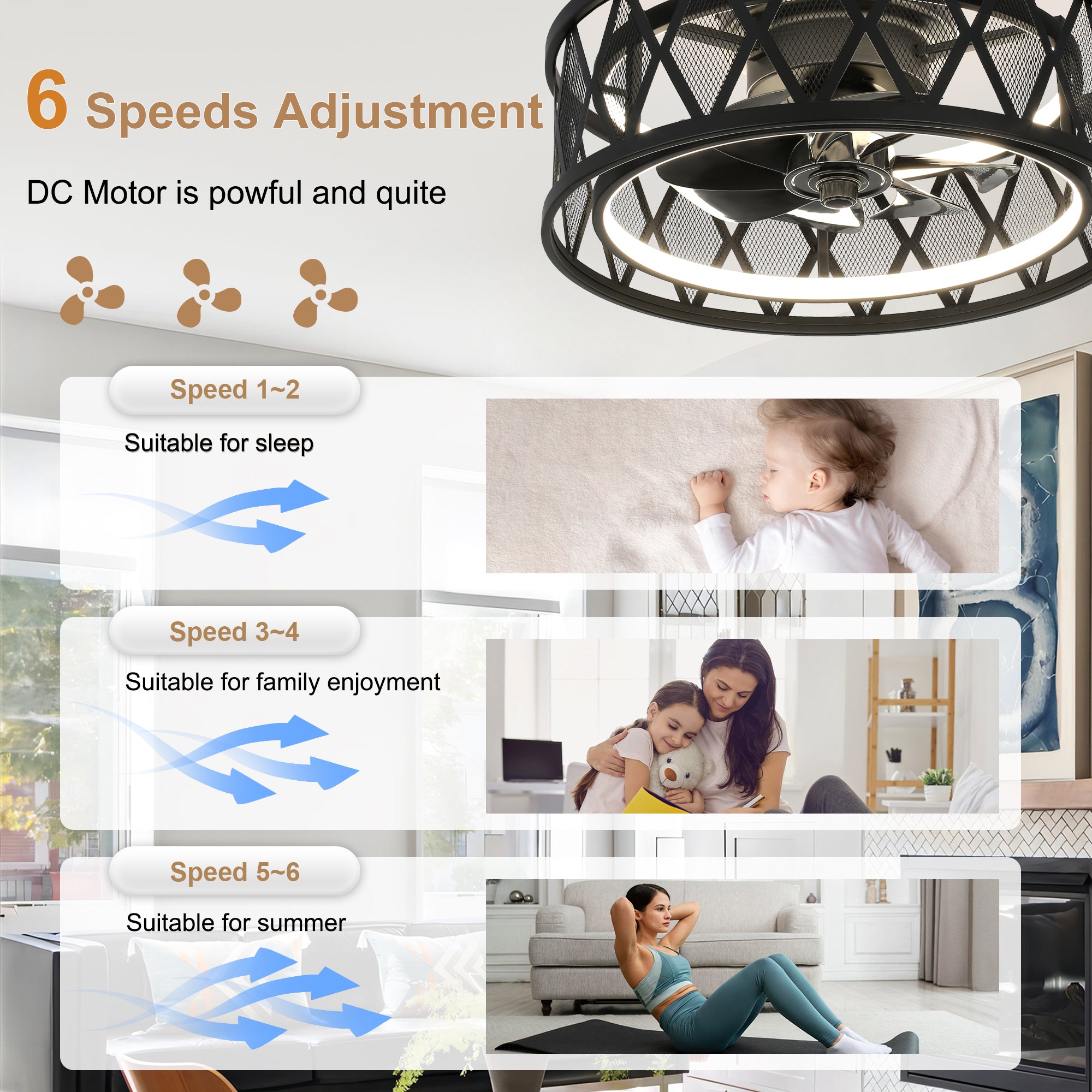 19 Inch Black Industrial Flush Mount Ceiling Fan with Dimmable LED Light, 6 Speed Reversible DC Motor, Low Profile Bladeless Ceiling Fan with Remote and APP Control