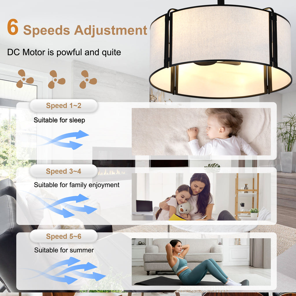 19 Inch Modern Ceiling Fan with Fabric Shade, 6-Speed DC Motor Bladeless Ceiling Fan with Lights and Remote Control for Bedroom