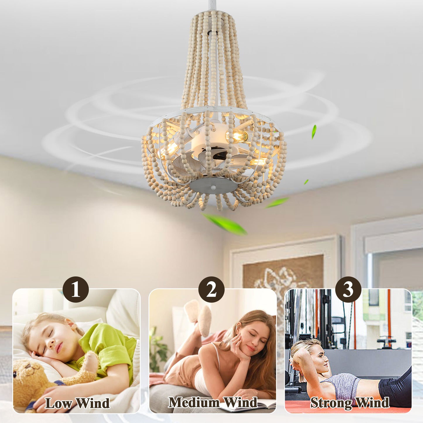 BD2074-20 Inch Wooden Beads Reversible Ceiling Fan Chandelier with Remote and Lights