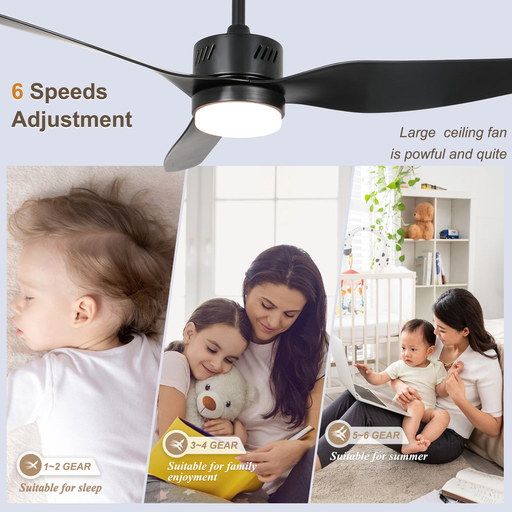 46 Inch Black Modern Ceiling Fan with LED Light and Remote, 6 Speeds 3-Blade DC Motor Reversible Ceiling Fan for Living Room