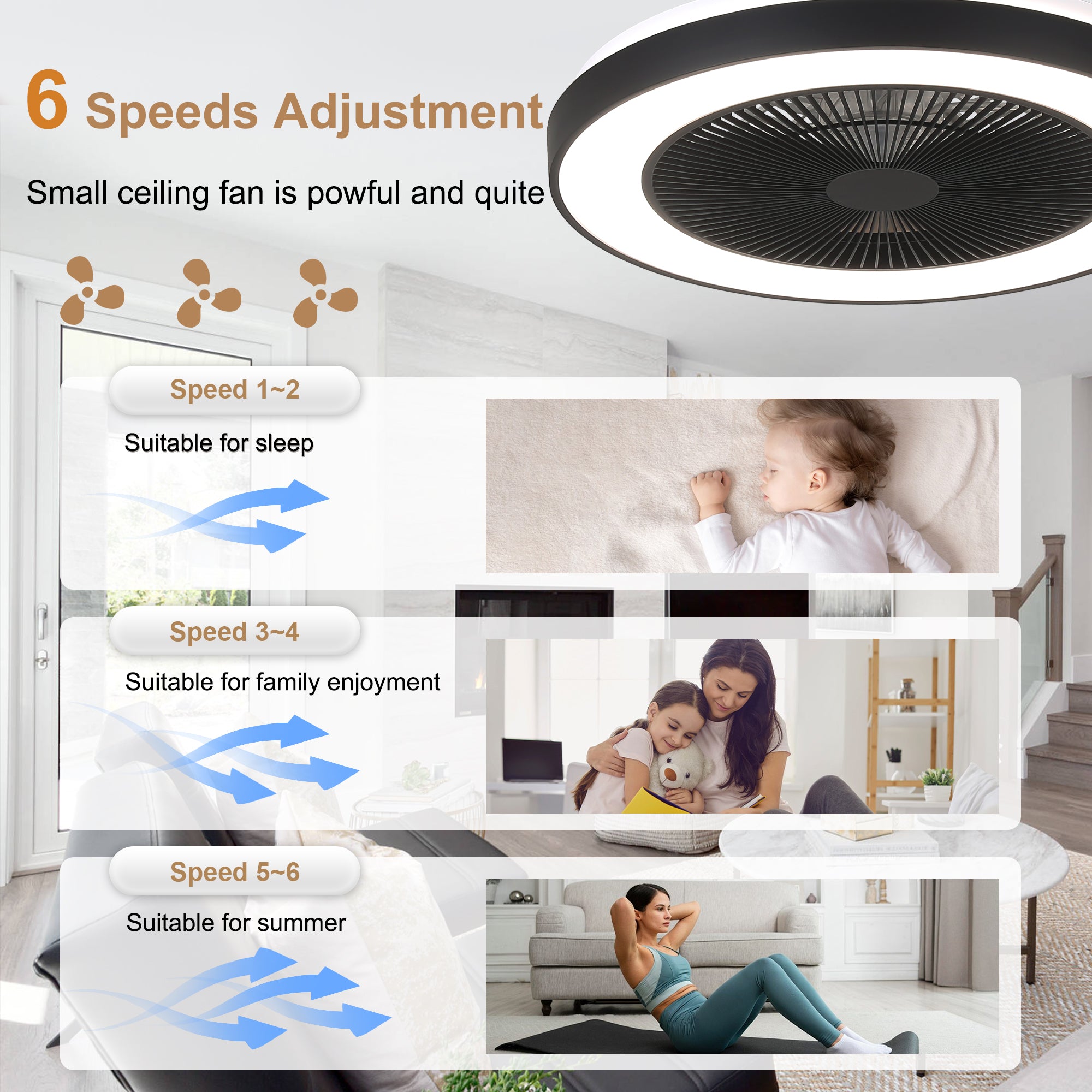 19 Inch Modern Smart Flush Mount Ceiling Fan with Dimmable LED Light and Remote, 6 Speeds DC Motor Bladeless Ceiling Fan for Low Profile with RGB Light