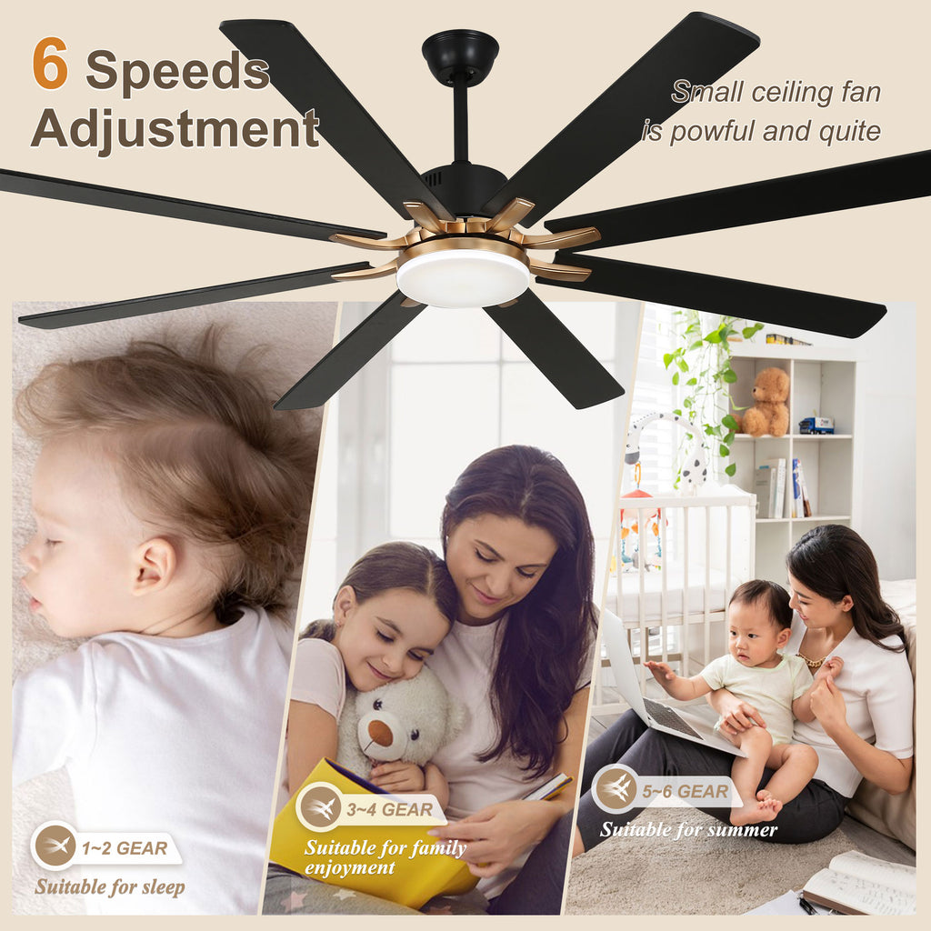 72 Inch Black/Chrome Modern Extra Large Ceiling Fan with LED Light and Remote, 6 Speeds 8-Blade DC Motor Reversible Ceiling Fan for Living Room