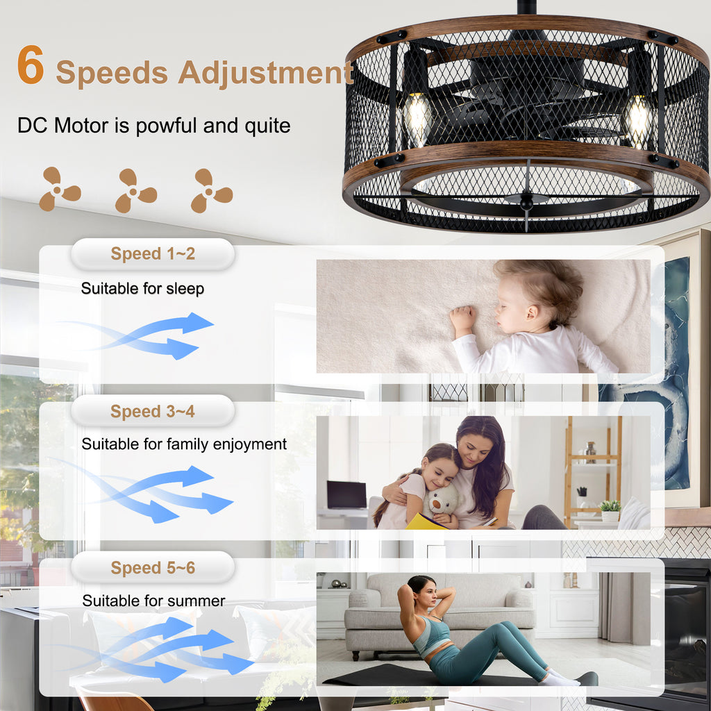 20 Inch Farmhouse Industrial Cage Ceiling Fan with Light and Remote, 6-Speed Reversible DC Motor Fandelier Bladeless Ceiling Fan