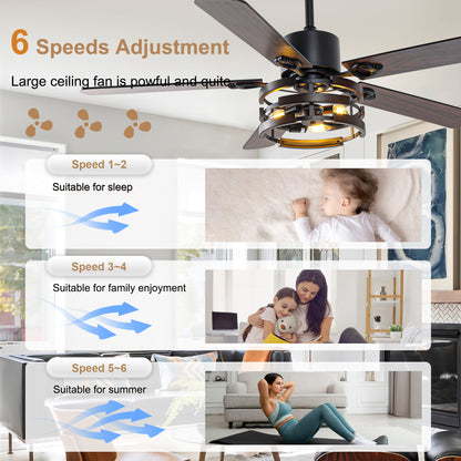 BellaDepot 52" Farmhouse Industrial Brown Ceiling Fan with Remote Control, 6 Speeds Ceiling Fan with Lights for Living Room- DC5224