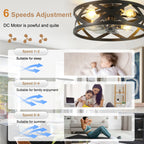 20 Inch Black Industrial Ceiling Fan with Light and Remote, 6-Speed DC Motor Bladeless Ceiling Flush Mount & Downrod Options