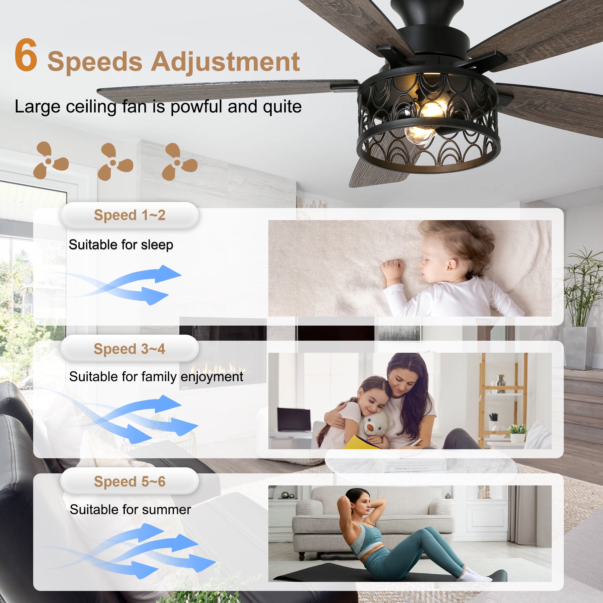 52 Inch Industrial Flush Mount Ceiling Fan with Lights and Remote Control, 6 Speeds Reversible Caged Ceiling Fan for Low Profile