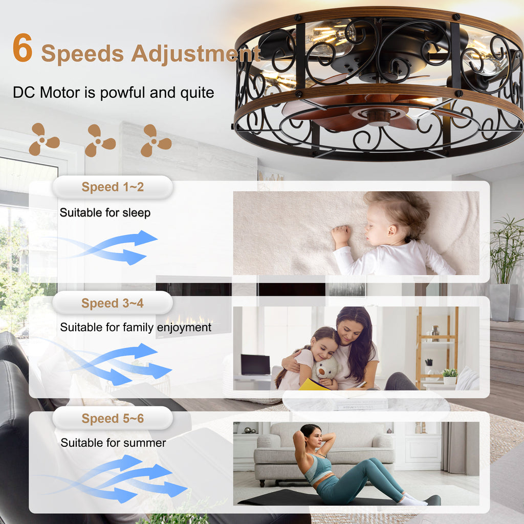 18 Inch Rustic Farmhouse Industrial Flush Mount Ceiling Fan with Lights and Remote, 6 Speeds DC Motor Reversible Low Profile Ceiling Fan