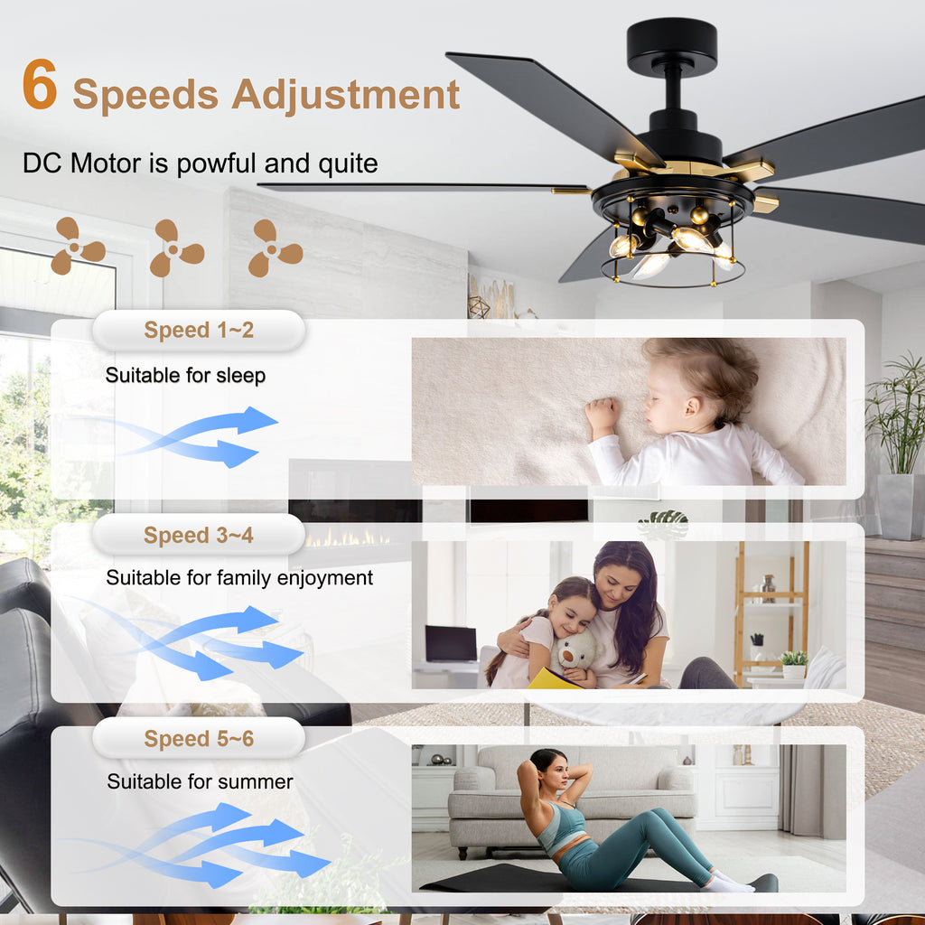 Industrial 52 Inch Gold/Black Caged Ceiling Fan with Light Quiet Reversible DC Motor with 6 Speed Remote Control Ceiling Fan 5 Blades Ceiling Fan Suit for Kitchen Bedroom Living Room