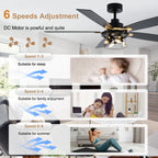 Industrial 52 Inch Gold/Black Caged Ceiling Fan with Light Quiet Reversible DC Motor with 6 Speed Remote Control Ceiling Fan 5 Blades Ceiling Fan Suit for Kitchen Bedroom Living Room