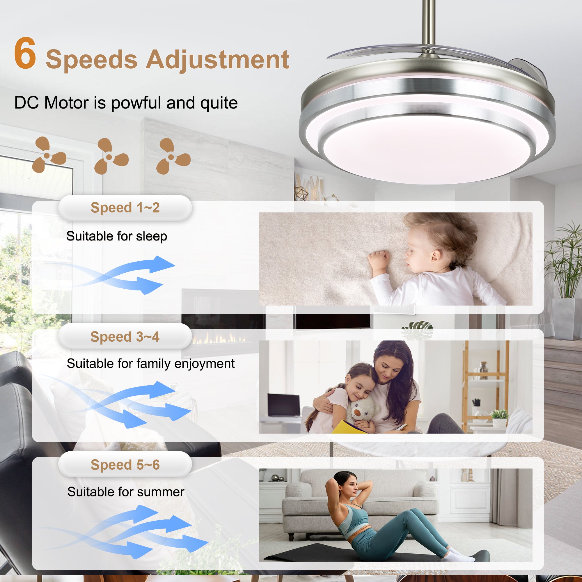 42 Inch Chrome Modern Retractable Ceiling Fan with Dimmable LED Light and Remote, 6 Speeds DC Motor Reversible Fandelier Ceiling Fan