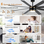 72 Inches Extra Large Ceiling Fan with Dimmable LED Light and Remote, 6 Speeds DC Motor Black Ceiling Fan 8-Blade Reversible Ceiling Fan for Large Room
