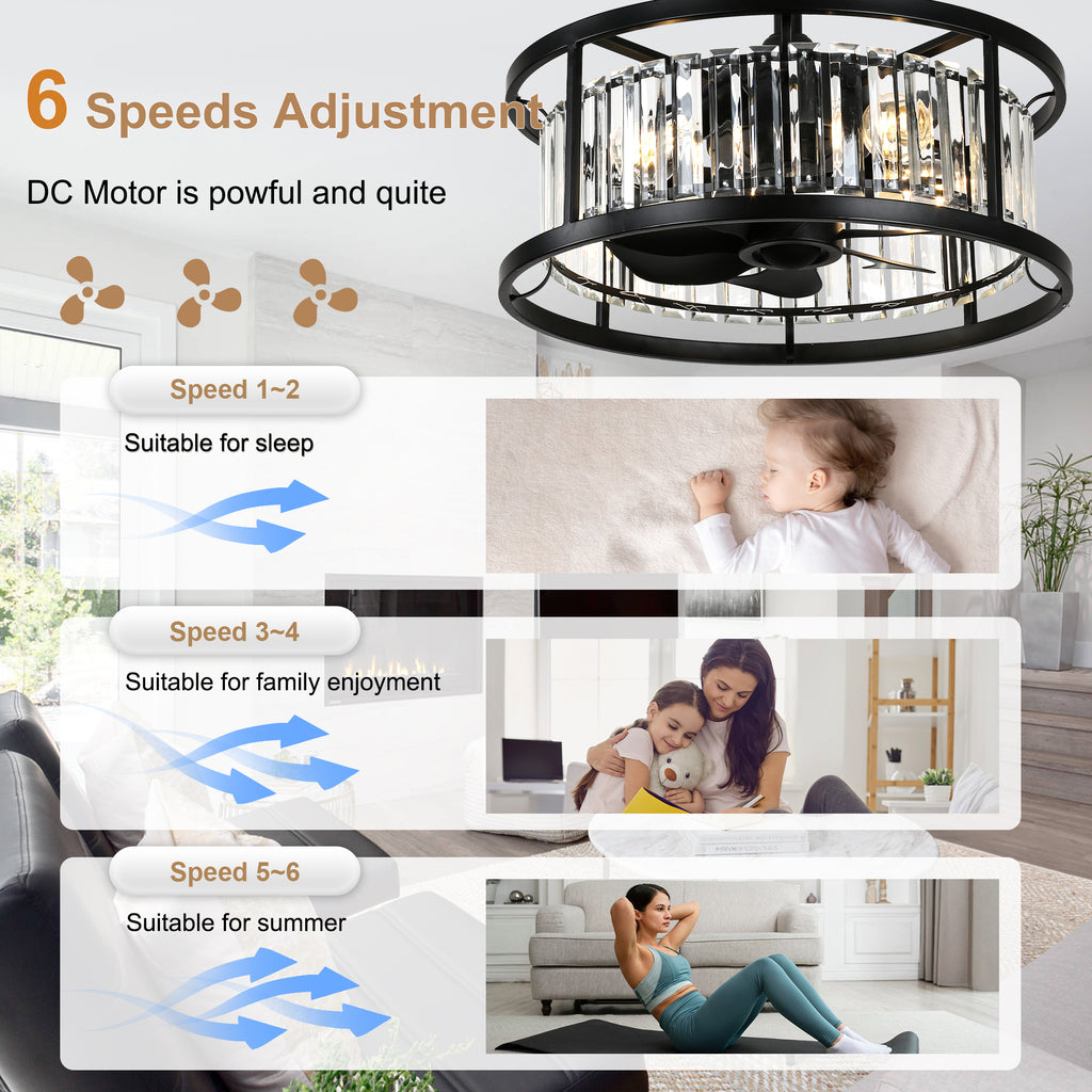 20 Inch Modern Glam Crystal Drum Cage Ceiling Fan with Light and Remote, 6-Speed Reversible DC Motor Bladeless Ceiling Fan with Crystals