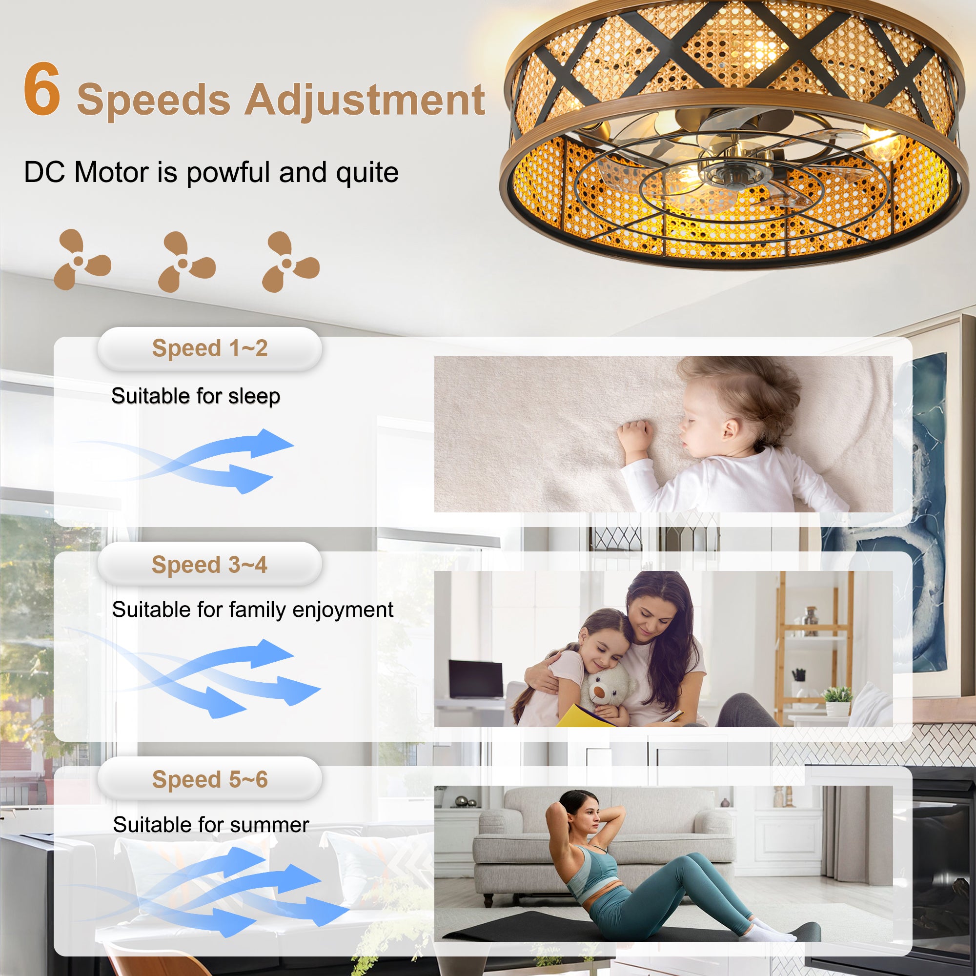 23 Inch Bohemian Rattan Flush Mount Ceiling Fan with Lights and Remote, 6 Speeds DC Motor Farmhouse Low Profile Bladeless Ceiling Fan