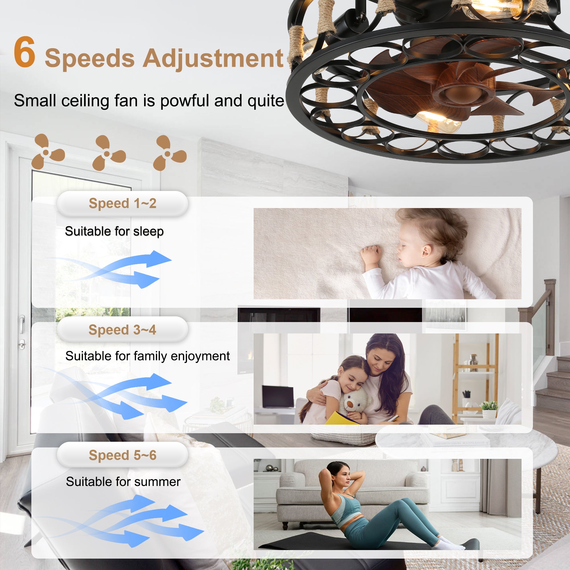 19 Inch Black Farmhouse Flush Mount Ceiling Fan with Lights and Remote, 6 Speeds DC Motor Bladeless Ceiling Fans for Low Profile Ceiling