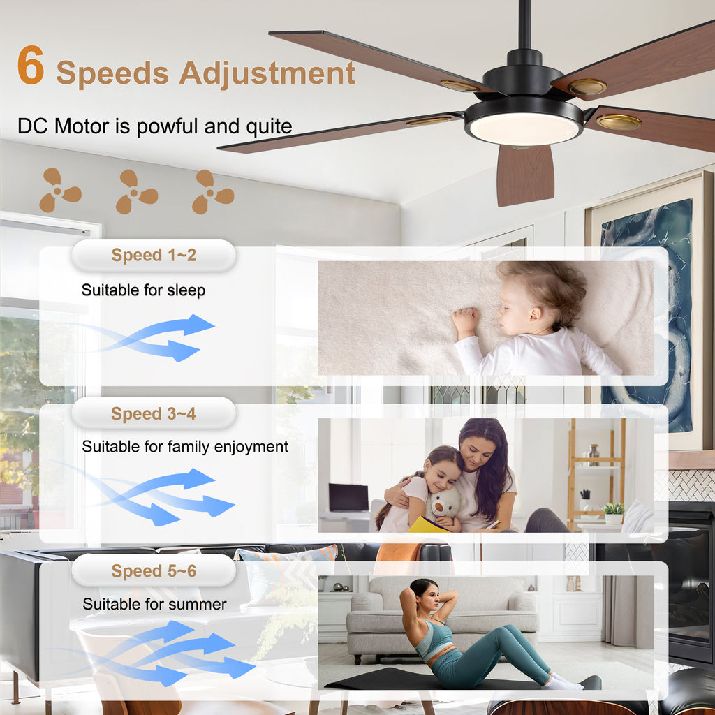 52 Inch Modern LED Ceiling Fan with Light and Remote,6 Speeds DC Motor Reversible Ceiling Fan for Living Room