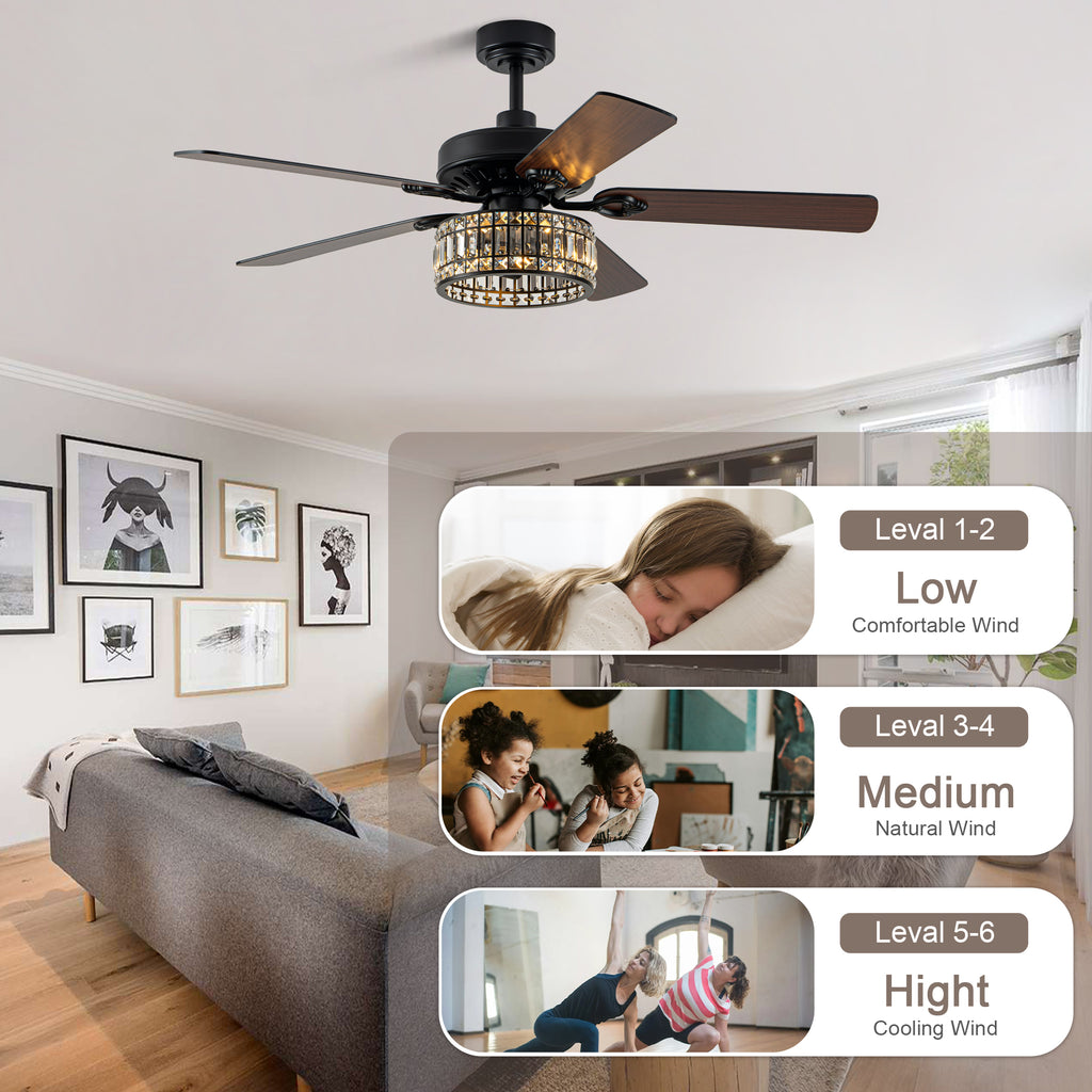 52" Black Modern Glam Crystal Ceiling Fan with Lights and Remote, 6-Speed Reversible Caged Chandelier Ceiling Fan for Large Room