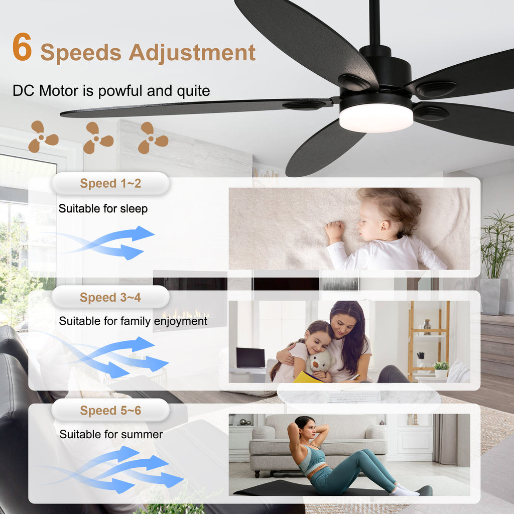 59 Inch Modern Black Ceiling Fan with Dimmable LED Light and Remote Control, 6 Speeds Reversible Ceiling Fan for Large Room