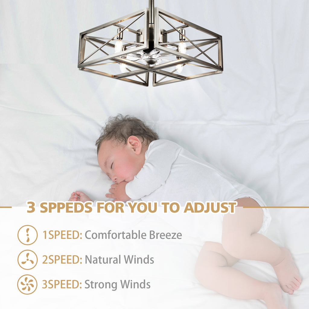 20 Inch Nickel Industrial Ceiling Fan with Remote Control, 3-Speed Reversible Bladeless Fandelier Ceiling Fan for Bedroom