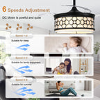 42 Inch Black Retractable Ceiling Fan with Lights and Remote, 6 Speeds DC Motor Farmhouse Black Bladeless Ceiling Fan for Bedroom